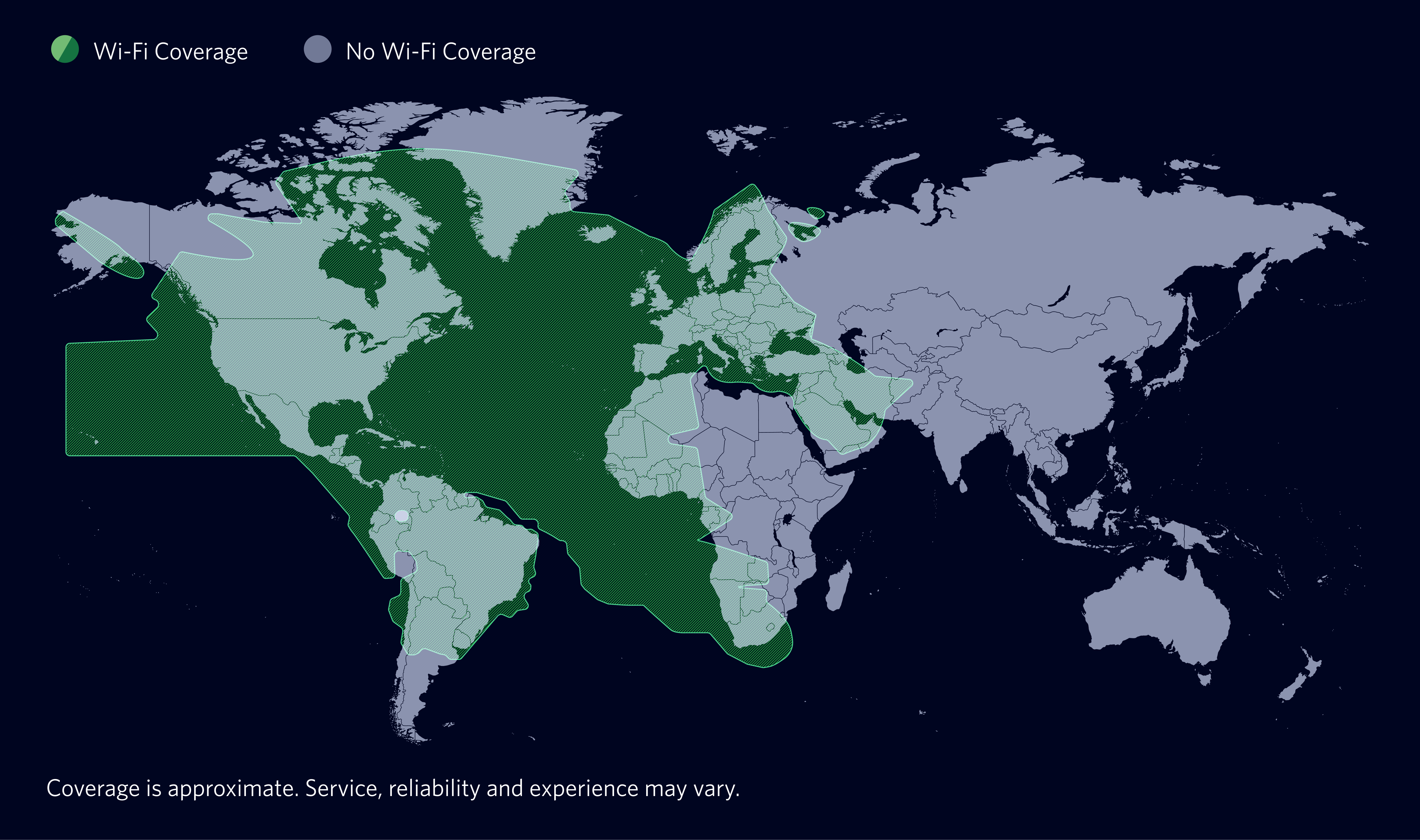 Map showing where Viasat offers Wi-Fi coverage throughout the world. 